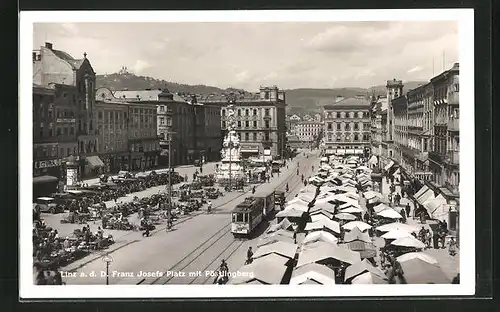 AK Linz a. D., Franz Josefs-Platz mit Pöstlingberg und Strassenbahn