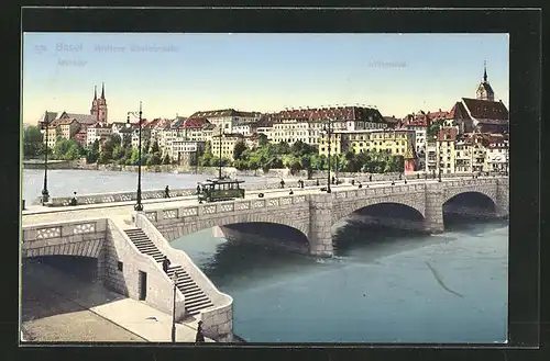 AK Basel, Mittlere Rheinbrücke mit Strassenbahn und Universität