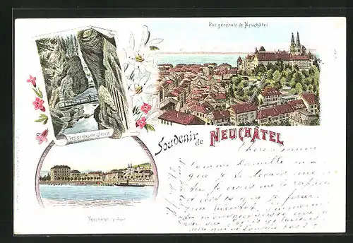 Lithographie Neuchatel, Vue générale, Le Port, Les gorges de l`Areuse