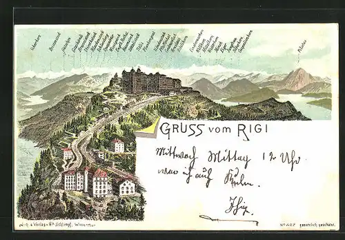 Lithographie Rigi, Hotel gegen Bergpanorama