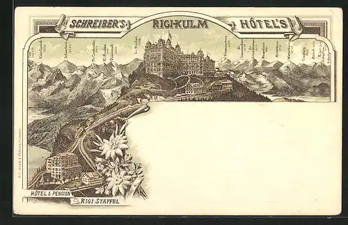 Lithographie Rigi-Kulm, Schreiber`s Hotels, Hotel-Pension Rigi-Staffel