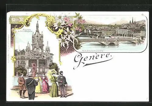 Lithographie Genève, Pont de la Coulouvrenière, Monument du Duc de Brunswick