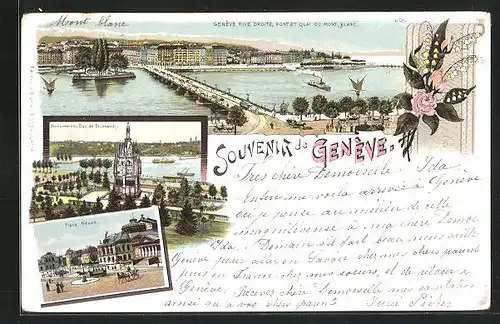 Lithographie Genève, Rive droite, Pont et Quai du Mont Blanc, Monument Duc de Brunswick, Place Neuve