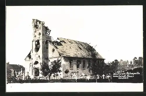 Foto-AK Poelkapelle, Kirche vom feindlichen Feuer zerstört