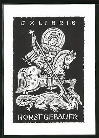 Exlibris Horst Gebauer, heiliger Mann auf seinem Pferd kämpft gegen ein Fabelwesen