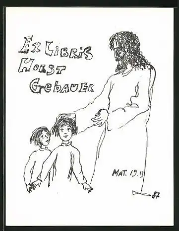 Exlibris Horst Gebauer, Mann mit langen Haaren und seine Kinder