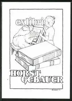 Exlibris Horst Gebauer, älterer Mönch am Lesen mit einer jungen Schülerin