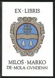 Exlibris Milos Marko, Wappen mit Steuerrad und Tannenbäumen