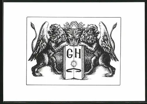Exlibris mysteriöse Wesen mit Flügeln stehen am Altar, Altar mit Initialien GH
