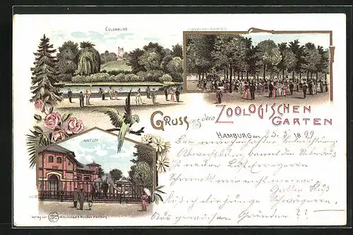 Lithographie Hamburg, Zoologischer Garten, Konzert-Garten, Eulenburg, Elefant Anton