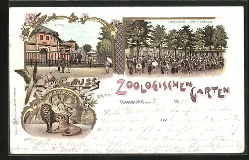 Lithographie Hamburg, Restaurant u. Weinterrasse im Zoologischen Garten, Elefant Anton, Löwen