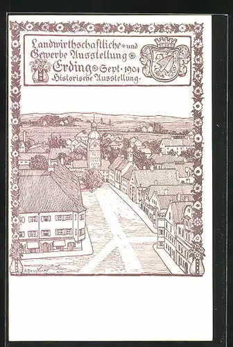 Künstler-AK Erding, Landwirtschaftl. u. Gewerbe-Ausstellung 1904, Ortspartie aus der Vogelschau