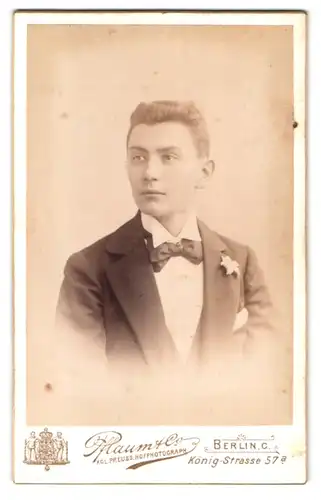 Fotografie Pflaum & Co., Berlin-C., König-Strasse 57 a, Portrait junger Herr im Anzug mit Fliege