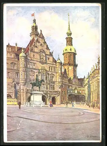 Künstler-AK Dresden, Platz mit Denkmal und Kirche