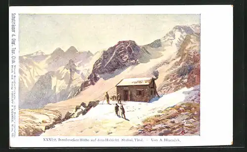 Künstler-AK Philipp + Kramer Nr. XXXI /2: Innsbrucker Hütte, Berghütte auf dem Habicht, Stubai