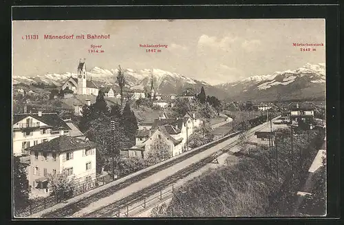 AK Männedorf, Teilansicht mit Bahnhof, Panorama mit Speer, Schäniserberg und Mürtschenstock