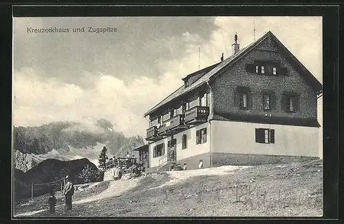 AK Kreuzeckhaus, Gasthaus mit Zugspitze