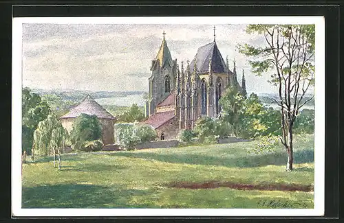 Künstler-AK E.F. Hofecker: Deutsch-Altenburg a. d. Donau, Stiftskirche mit Blick zum Fluss