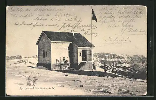 AK Spitzmeilenhütte, Berghütte gegen Bergkette