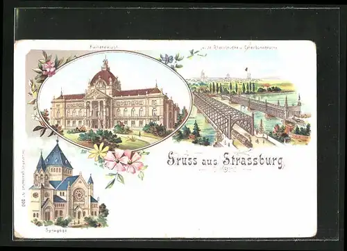 Lithographie Strassburg, Synagoge, Kaiserpalast, Neue Rheinbrücke und Eisenbahnbrücke
