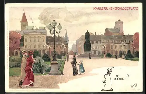 AK Karlsruhe, Partie am Schlossplatz mit Passanten