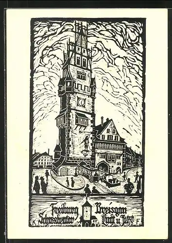 AK Freiburg / Breisgau, Kirchturm mit Strassenbahn