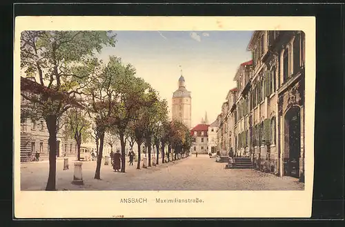 AK Ansbach, Maximilianstrasse mit Bäumen