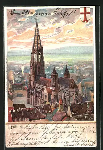 Künstler-AK Heinrich Kley: Freiburg, Blick zur Kirche