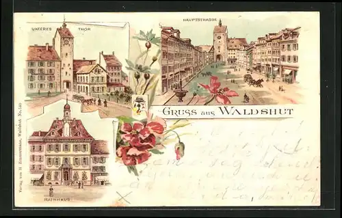 Lithographie Waldshut, Hauptstrasse, Unteres Tor, Rathaus