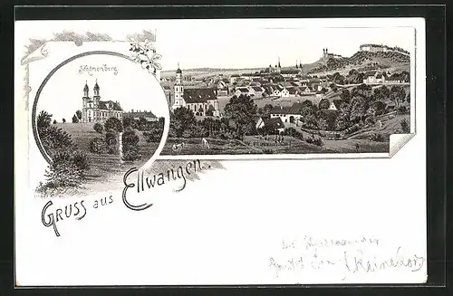 Lithographie Ellwangen, Schönenberg, Panorama mit Kirche