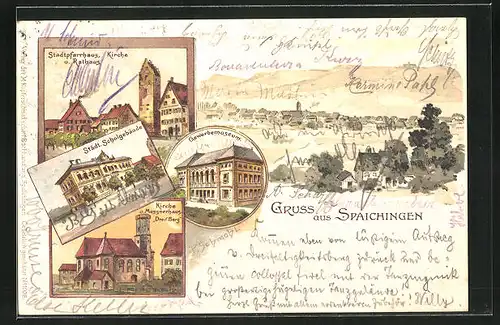 Lithographie Spaichingen, Kirche u. Messnerhaus Dreif. Berg, Stadtpfarrhaus, Kirche u. Rathaus