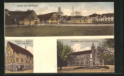 AK Messkirch, Gasthaus zum Kreuz, Schulhaus und Kriegerdenkmal