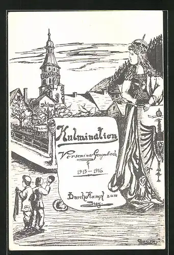 Künstler-AK Gengenbach, Kulmination 1916, Germania und Kirche