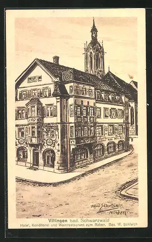 Künstler-AK Villingen /Schwarzwald, Hotel & Weinrestaurant zum Raben