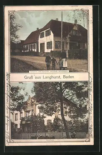 AK Langhurst /Baden, Bäckerei und Spezerei von Andr. Armbruster, Kinder vor dem Schulhaus