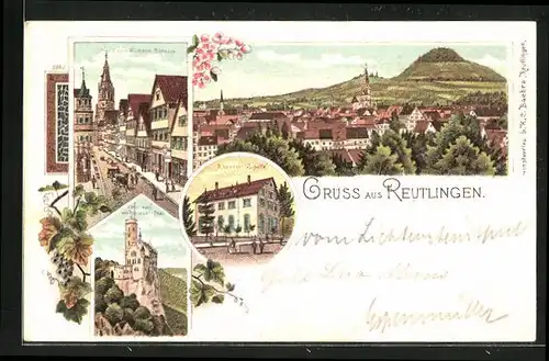 Lithographie Reutlingen, Obere Wilhelmstrasse, Lichtenstein mit Honauer-Thal, Totalansicht, Ebenezer Kapelle