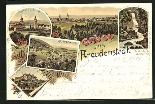 Lithographie Freudenstadt, Schwarzwald Hotel, Sankenbacher Wasserfall, Evangelische Kirche, Blick ins Christophstal