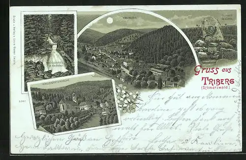 Mondschein-Lithographie Triberg, Wasserfall, Totalansicht bei Mondschein, Gerwig Denkmal, Wallfahrtskirche