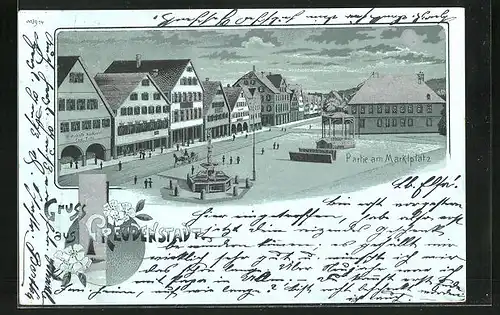 Mondschein-Lithographie Freudenstadt, Marktplatz mit Brunnen und Pavillon im Mondlicht