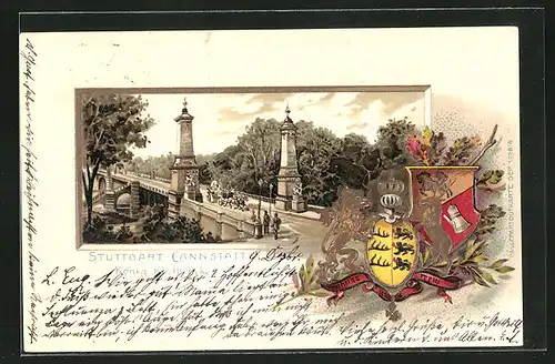 Passepartout-Lithographie Stuttgart-Cannstatt, Zweispänner passiert die König-Karlbrücke, Wappen