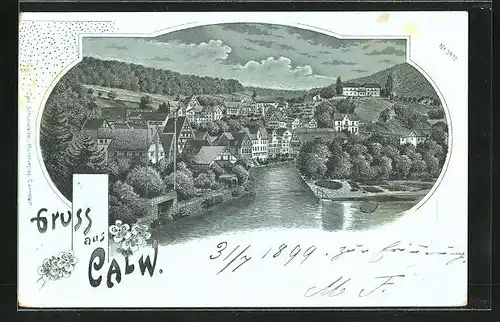 Mondschein-Lithographie Calw, Partie an der Nagold im Mondschein
