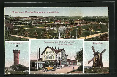 AK Münsingen, Restaurant und Cafe Kaiserhof, Turm Lindequist, Windmühle, Totalansicht vom Truppenübungsplatz
