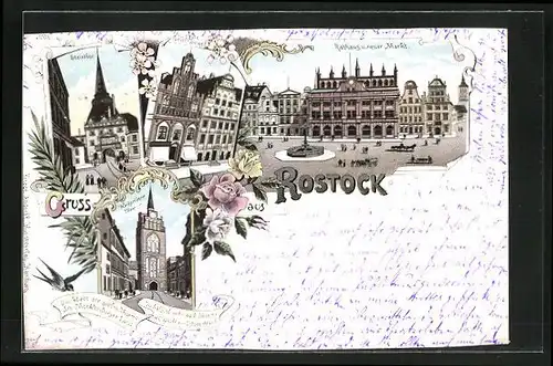 Lithographie Rostock, Kröpeliner Thor, Steinthor, Rathaus mit Markt, Giebelhäuser