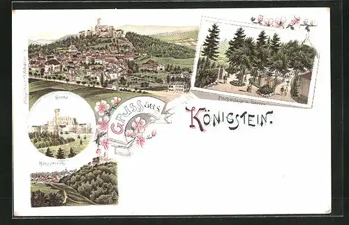 Lithographie Königstein i. T., Totalansicht mit Ruine, Parkanlagen und Garten