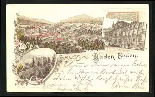 Lithographie Baden-Baden, Totalansicht, Friedrichsbad, Altes Schloss