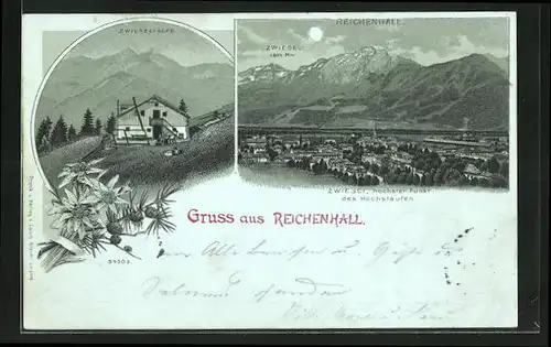 Mondschein-Lithographie Reichenhall, Zwiesel-Alpe, Totalansicht im Mondschein