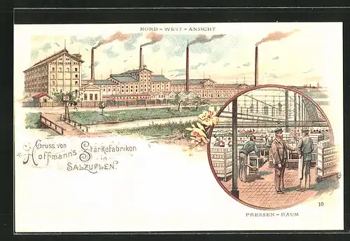 Lithographie Salzuflen, Hoffmann`s Stärkefabriken, Nord-West-Ansicht, Pressen-Raum