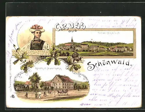 Lithographie Schönwald /Baden, Totalansicht, Gasthof Auerhahn, Schwarzwälderin in Tracht
