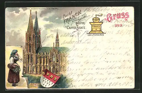 Lithographie Köln, Dom, Frau mit Korb, Wappen