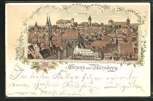 Lithographie Nürnberg, Teilansicht mit Kirche